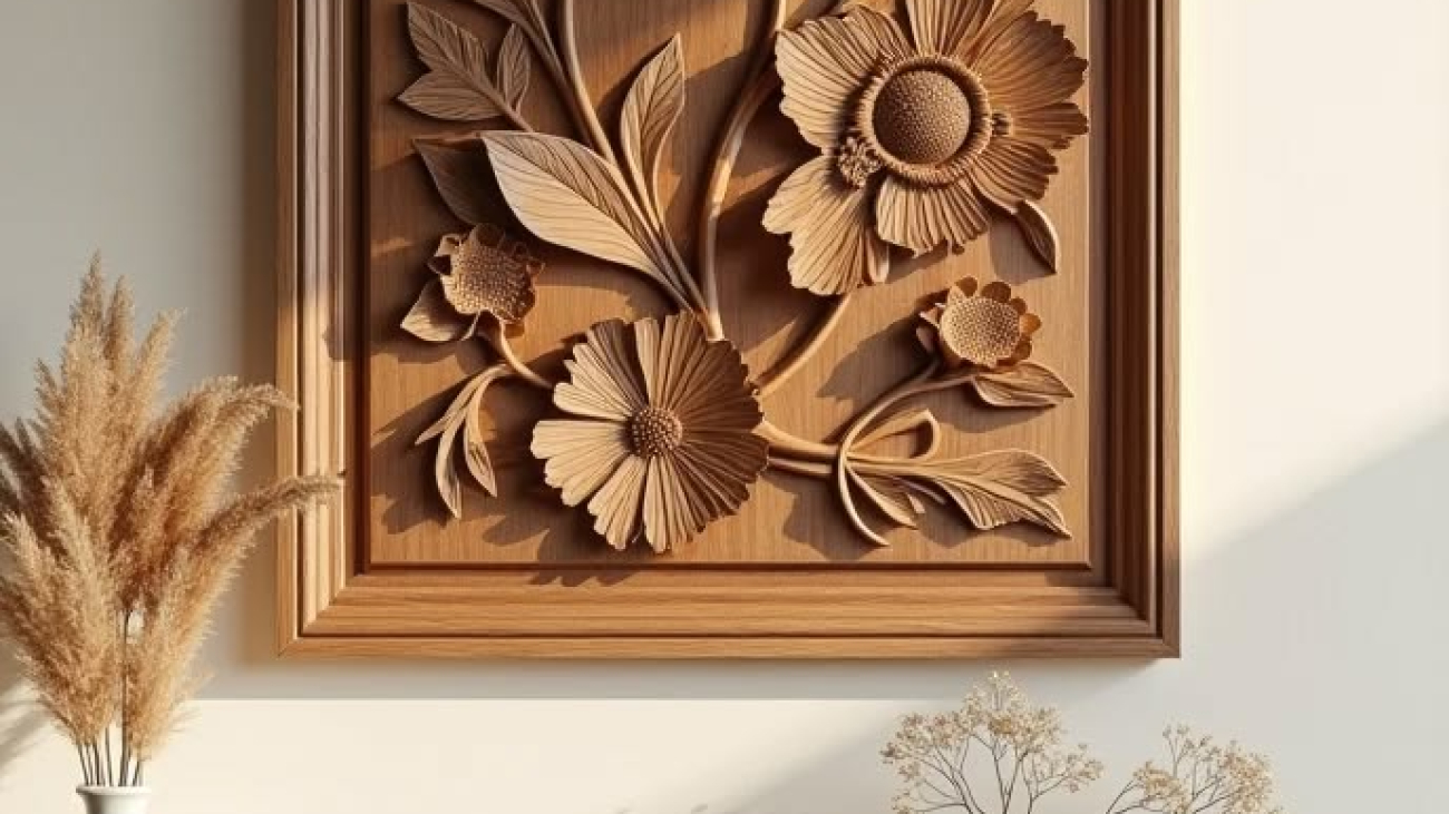 Hand-Carved Floral Wooden Wall Panel